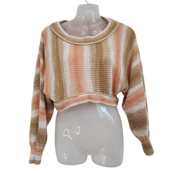 Urban Outfitters Cropped Sweater Pullover Balloon Sleeve Stripe Pink Tan Size XS - Picture 1 of 8